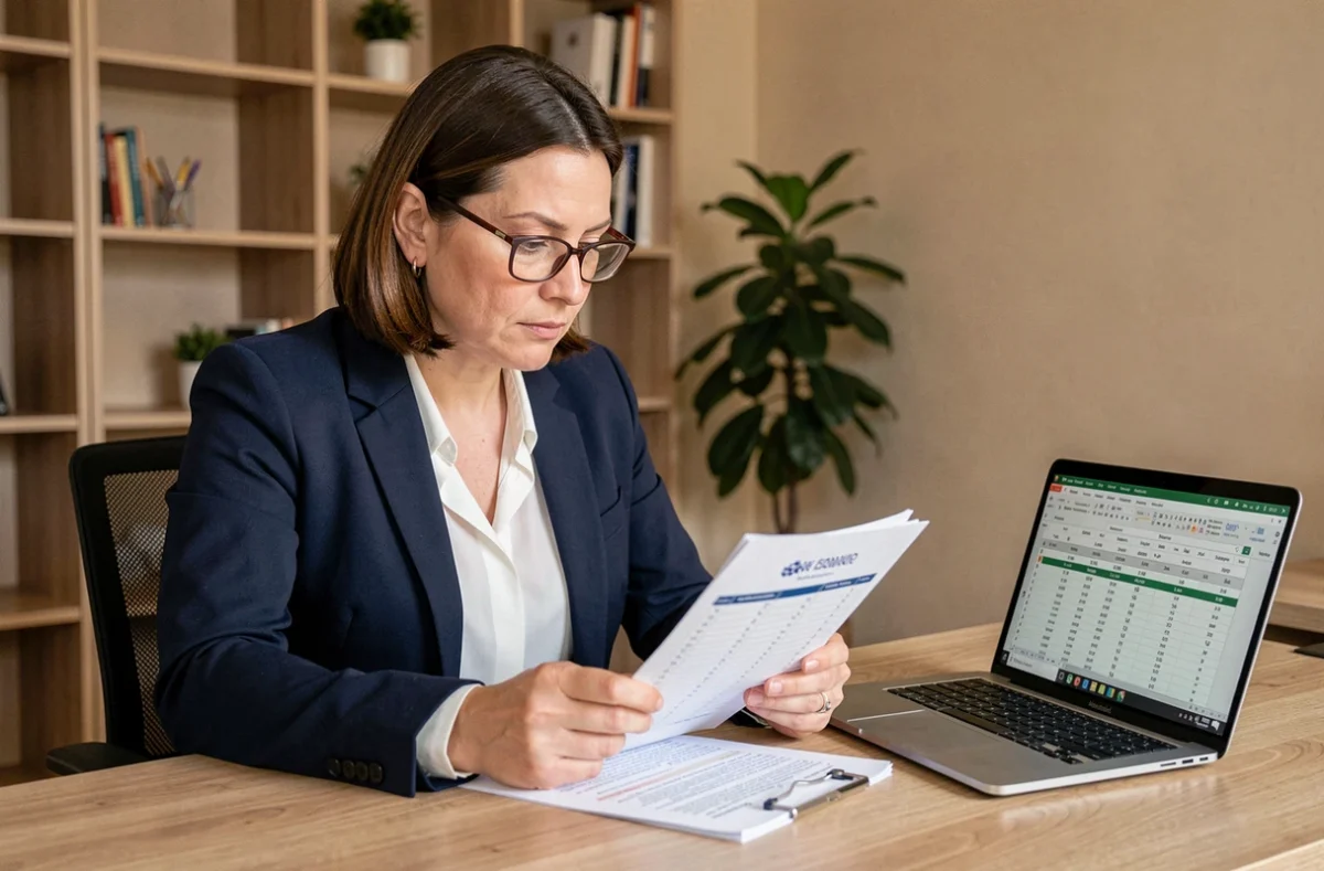 Femme professionnelle vérifiant une check-list financière sur des documents imprimés dans un bureau à domicile moderne
