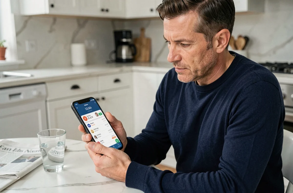 Homme vérifiant son compte en ligne Caisse d'Epargne sur smartphone dans une cuisine moderne