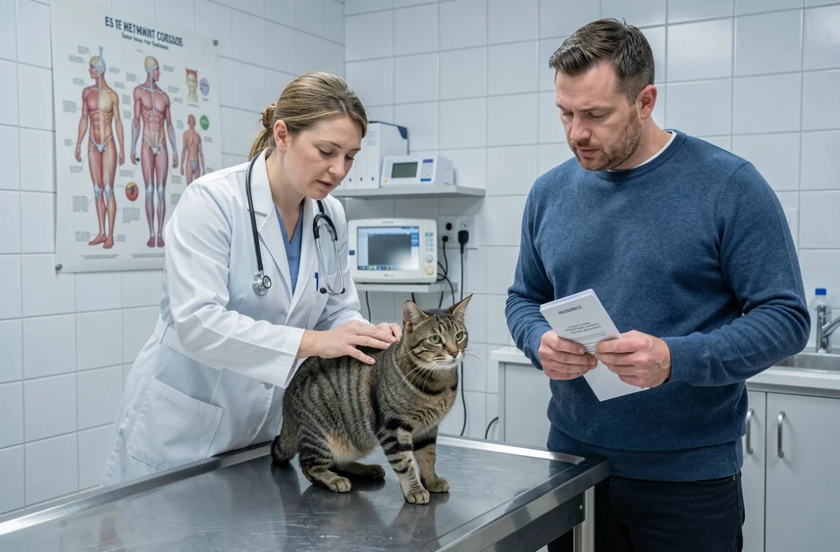 Vétérinaire examinant un chat tigré en présence de son propriétaire tenant un document d'assurance animaux