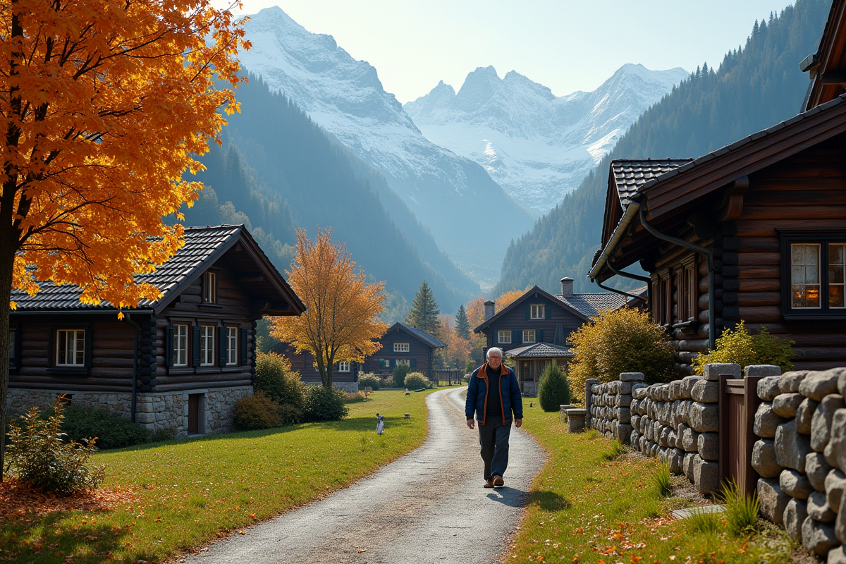 Village de montagne avec chemin automnal et montagnes enneigees