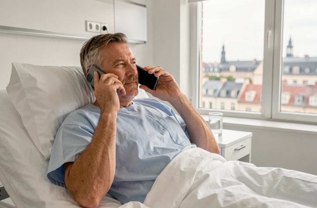 Voyageur hospitalisé à l'étranger contactant l'assistance Europ Assistance depuis sa chambre d'hôpital